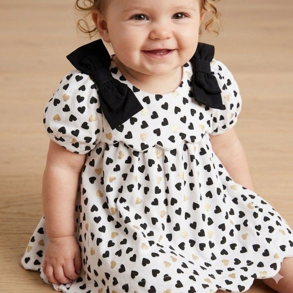 Cupcakes and Cashmere Baby Girl Dress 3-6M Heart Gold Scalloped Bow Sleeve NWOT